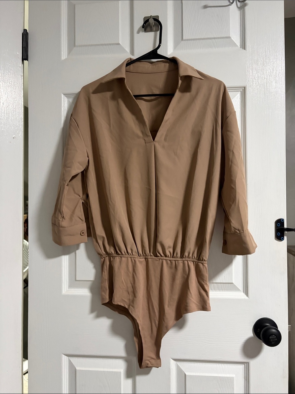 SHEIN Taupe Collared V-Neck Long Sleeve Bodysuit